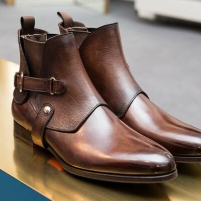 Handmade brown unique ankle high strap boot