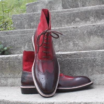 Bespoke dress shoes burgundy suede leather ankle high boot