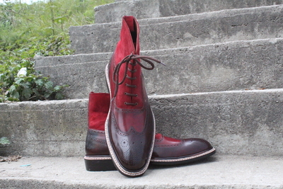 Bespoke Dress Shoes Burgundy Suede Leather Ankle High Boot