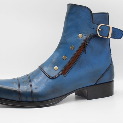 Crafted leather classic dress shoes blue leather buckle boot with zipper and button