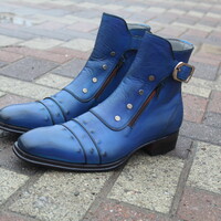 Crafted Leather Classic Dress Shoes Blue Leather Buckle Boot with Zipper and Button - Thumbnail 4