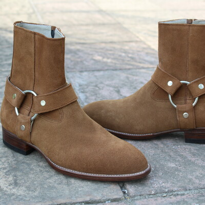Crafted leather classic dress shoes handmade men tan suede leather harness zip jodhpur boots with cuban heel