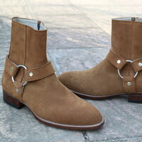 Crafted Leather Classic Dress Shoes Handmade Men Tan Suede Leather Harness Zip Jodhpur Boots with Cuban Heel - Thumbnail 1