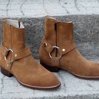 Crafted Leather Classic Dress Shoes Handmade Men Tan Suede Leather Harness Zip Jodhpur Boots with Cuban Heel - Thumbnail 2