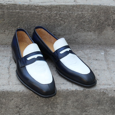 Crafted leather classic blue leather white crocodile/alligator moccasin loafers dress shoes - Thumbnail 1