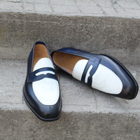 Crafted Leather Classic Blue Leather White Crocodile/Alligator Moccasin Loafers Dress Shoes - Thumbnail 1