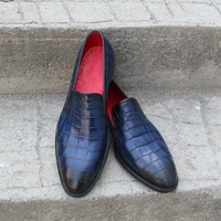 Crafted Leather Classic Blue Loafers Crocodile/Alligator Moccasin Dress Shoes - Thumbnail 3