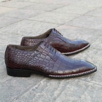 Crafted Leather Classic Dark Brown Patina Leather Crocodile/Alligator Lace up Dress Shoes - Thumbnail 1