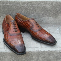 Crafted Leather Classic and Luxury Brown Patina Leather Crocodile/Alligator Dress Shoes - Thumbnail 2