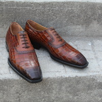 Crafted Leather Classic and Luxury Brown Patina Leather Crocodile/Alligator Dress Shoes - Thumbnail 3