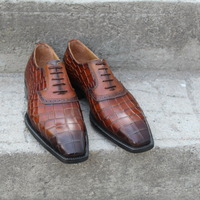 Crafted Leather Classic and Luxury Brown Patina Leather Crocodile/Alligator Dress Shoes - Thumbnail 4