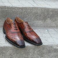 Crafted Leather Classic and Luxury Brown Patina Leather Crocodile/Alligator Dress Shoes - Thumbnail 6