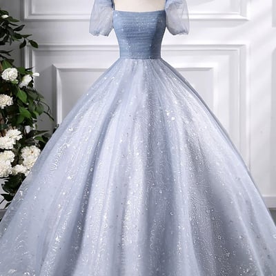 A-line blue tulle sequins floor length prom dress, beautiful short sleeve evening party dress - Thumbnail 1