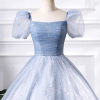 A-Line Blue Tulle Sequins Floor Length Prom Dress, Beautiful Short Sleeve Evening Party Dress - Thumbnail 2
