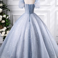 A-Line Blue Tulle Sequins Floor Length Prom Dress, Beautiful Short Sleeve Evening Party Dress - Thumbnail 3
