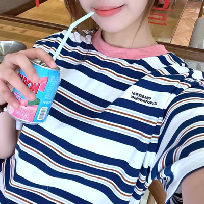 *free shipping*pink collar striped tee