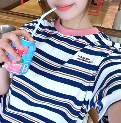 *Free Shipping*PINK COLLAR STRIPED TEE