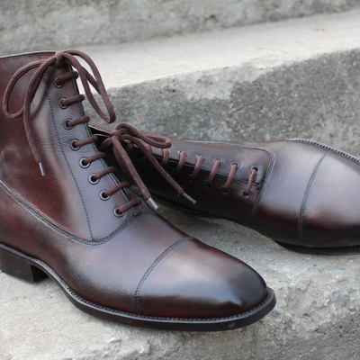 Crafted leather classic dress shoes dark brown patina ankle high lace up military boot  - Thumbnail 3