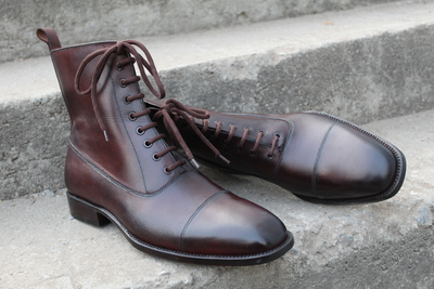 Crafted Leather Classic Dress Shoes Dark Brown Patina Ankle High Lace up Military Boot 