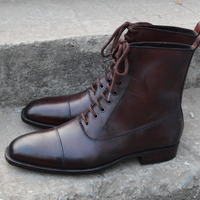 Crafted Leather Classic Dress Shoes Dark Brown Patina Ankle High Lace up Military Boot  - Thumbnail 1