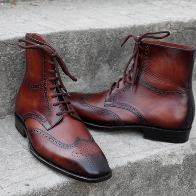 Crafted leather classic dress shoes brown black patina ankle high lace up wingtip dress boot  - Thumbnail 4