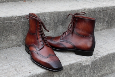 Crafted Leather Classic Dress Shoes Brown Black Patina Ankle High Lace up Wingtip Dress Boot 