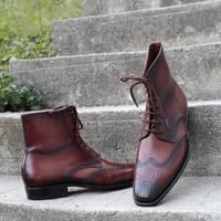 Crafted Leather Classic Dress Shoes Brown Black Patina Ankle High Lace up Wingtip Dress Boot  - Thumbnail 1