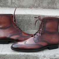 Crafted Leather Classic Dress Shoes Brown Black Patina Ankle High Lace up Wingtip Dress Boot  - Thumbnail 2