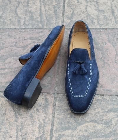 Crafted Leather Classic Blue Suede Leather Tassel Loafers Dress Shoes