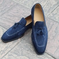 Crafted Leather Classic Blue Suede Leather Tassel Loafers Dress Shoes - Thumbnail 2