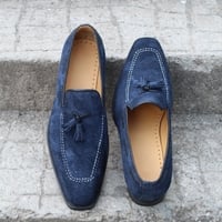 Crafted Leather Classic Blue Suede Leather Tassel Loafers Dress Shoes - Thumbnail 3