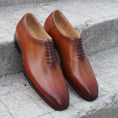 Crafted leather classic brown shaded patina leather oxford lace up dress shoes - Thumbnail 4