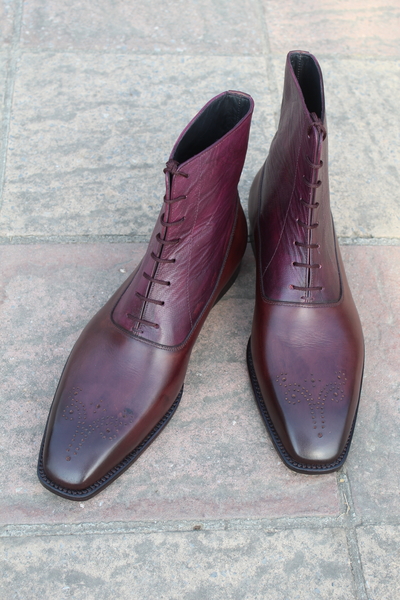 Crafted Leather Classic Dress Shoes Burgundy Patina Leather Ankle High Boot 