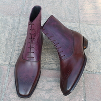 Crafted Leather Classic Dress Shoes Burgundy Patina Leather Ankle High Boot  - Thumbnail 6