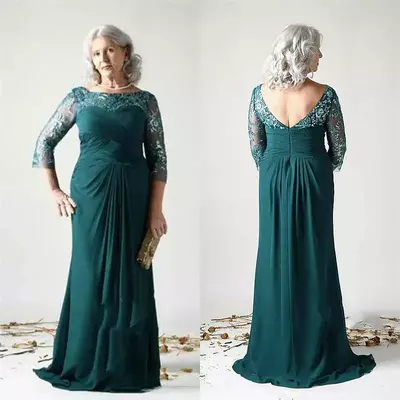 Dark green long mother of the bride/groom dresses lace appliques ruched chiffon a line plus size wedding guest dress