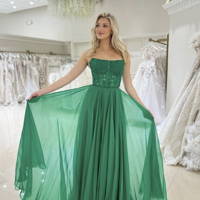 Green chiffon lace long prom dress, a-line strapless evening party dress - Thumbnail 1