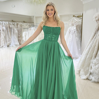 Green Chiffon Lace Long Prom Dress, A-Line Strapless Evening Party Dress - Thumbnail 1
