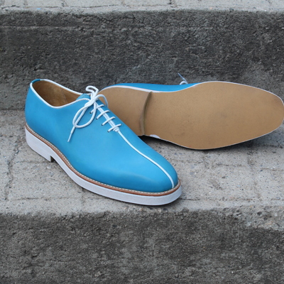 Handmade leather oxford navy blue color cap toe lace up formal dress shoes for men's - Thumbnail 5