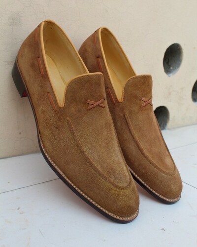 Handmade Men's Genuine Camel Suede Slip on Loafers Moccasin Formal Dress Shoes