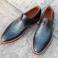 Handmade Mens French Norwegian 2 Eyelet Derby Gray Oxford Dress Lace up Shoes - Thumbnail 1