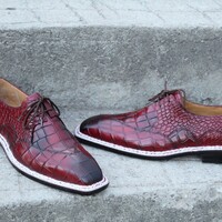 Crafted Leather Burgundy Patina Leather Crocodile Alligator Wingtip Oxford Dress Shoes - Thumbnail 1