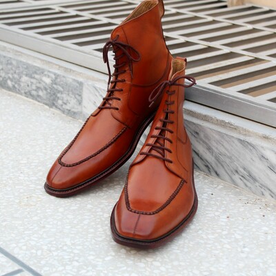 Handmade men's brown high ankle lace up leather boots