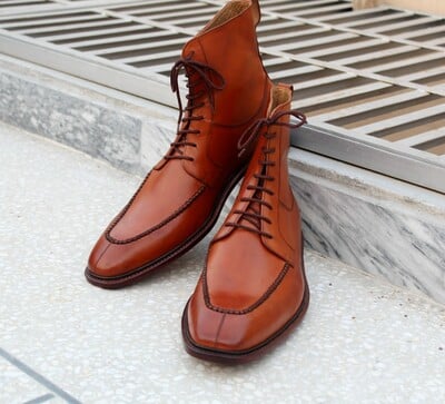 Handmade Men's Brown High Ankle Lace up Leather Boots
