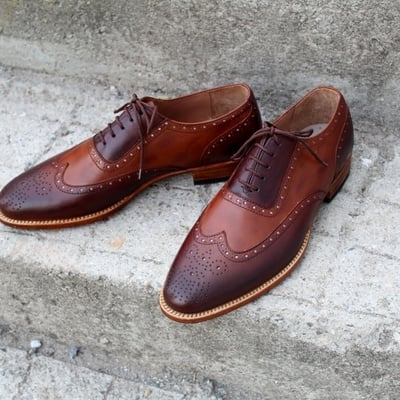 Handmade men full brogue brown wingtip dress oxford shoes - Thumbnail 5