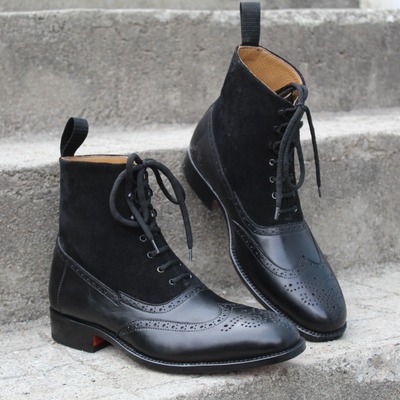 Crafted leather handmade black calf suede leather classic ankle high lace up wingtip boot - Thumbnail 5