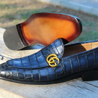 Crafted Leather Blue Genuine Embossed Crocodile Texture Leather Loafers Dress Shoes - Thumbnail 2