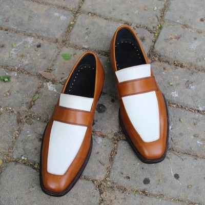Crafted leather classic brown white leather moccasin loafers formal dress shoes - Thumbnail 5