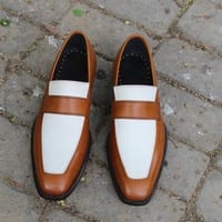 Crafted Leather Classic Brown White Leather Moccasin Loafers Formal Dress Shoes - Thumbnail 1