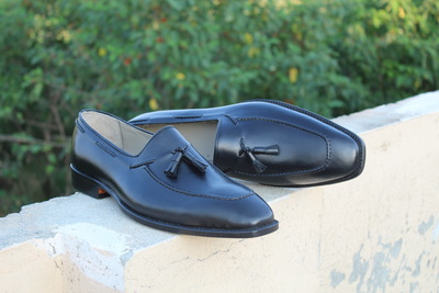 Crafted Leather Handmade Black Tassel Loafers Shoes for Men