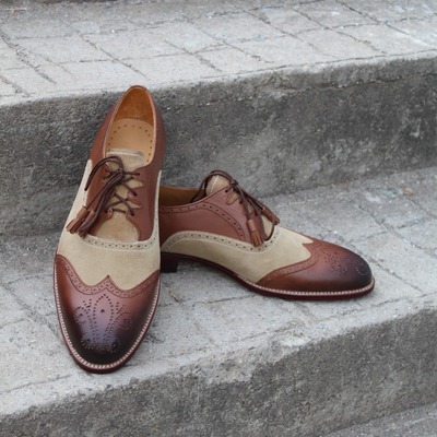  handmade men brown beige ghillie lacing classic wingtip oxford dress shoes  - Thumbnail 5